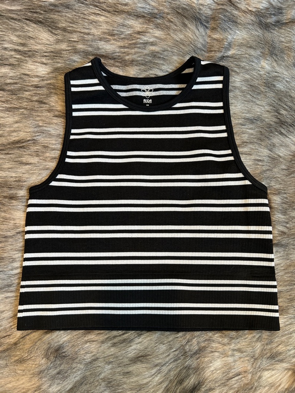 Aura Ribbed Crop Tank Top Black White Stripes Small / Medium